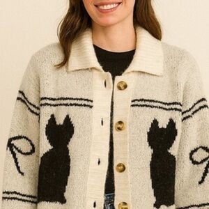 Threaded Leaf Ivory & Black Cat Patterned Cardigan